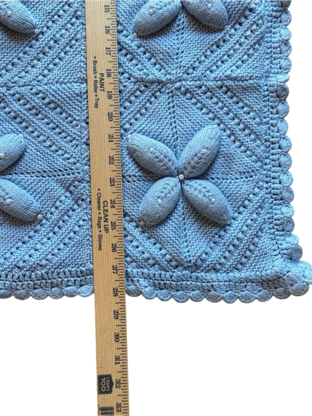 Vintage Hand Knit Baby Blue Baby Blanket 3D Flower Popcorn Knit Nursery - Picture 4 of 6